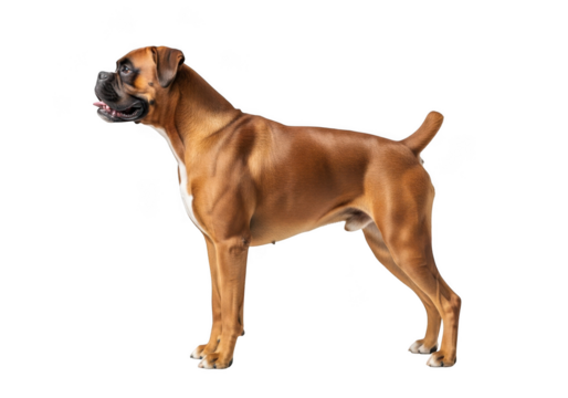 Full body boxer dog breed image, side view, canine pet animal photography, domestic mammal, brown fur, isolated on transparent background