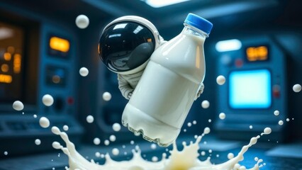 Astronauts and milk bottles inside the spacecraft