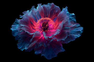 synthetic flower opening with a hot pink neon core and deep blue petals creating a bold sci fi botanical concept