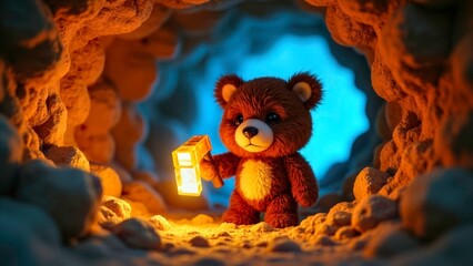 Cartoon teddy bear holding a lamp in the cave