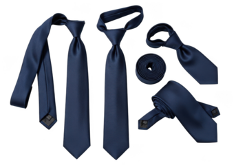 Several dark blue neckties and a tie roll, isolated on transparent background