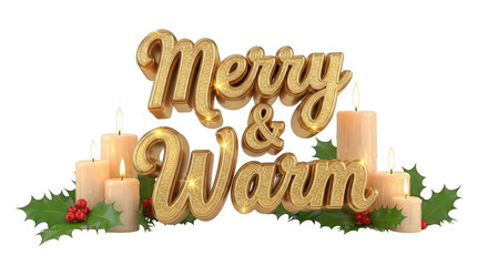 Golden merry & warm text with candles and holly festive design isolated on transparent background