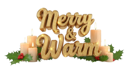 Golden merry & warm text with candles and holly festive design isolated on transparent background