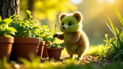 Young dragons and bears interact next to potted plants in the garden