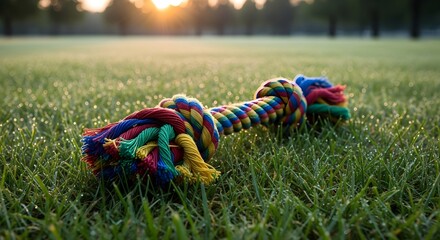 National Walking the Dog Day: Colorful Rope Tug Toy on Green Grass at Sunrise - Tranquil Morning Park Still-Life