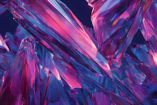 translucent glass shards lit by hot pink neon bursts over deep blue void creating dynamic abstract