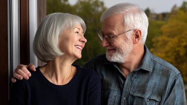 Smiling elderly couple embrace porch with autumn trees background, senior man and woman smile affectionate embrace by window conveying warm tenderness