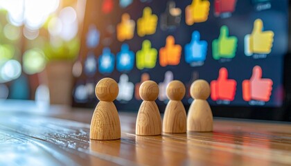 Wooden figurines with colorful digital thumbs-up icons and data graphics.