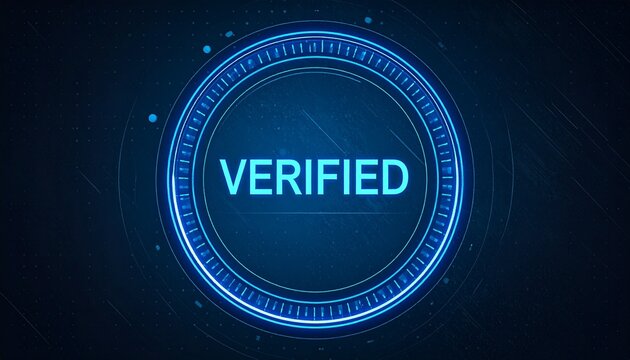 Futuristic “VERIFIED” badge with glowing blue tech rings. - Powered by Adobe