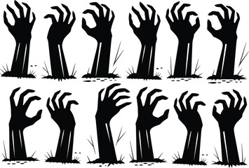 Zombie hand silhouette set, horror vector illustration, creepy rising arms, Halloween clipart, undead theme, spooky graphic elements, graveyard design
