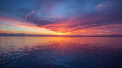 Fototapeta premium Vibrant sunset over calm ocean with colorful clouds reflecting on water