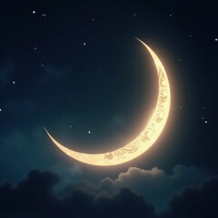 Naklejka premium Glowing crescent moon shining brightly in a dark starry night sky
