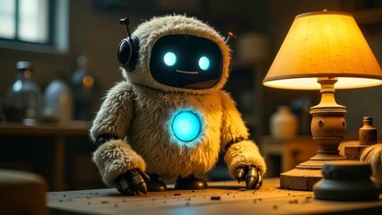 Indoor Scene of Robot Bear and Desk Lamp