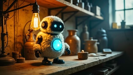 The heartwarming scene of the robot teddy bear next to the kitchen