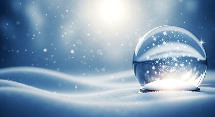 Snow globe on pristine snow with sparkling snowflakes and magical light, capturing the serene beauty and enchanting spirit of a winter wonderland scene.