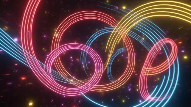 Abstract 3D looping animation of luminous neon ribbons twisting in coral and blue colors for retro-futurist branding and children media backgrounds.