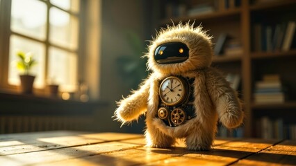 The cute design of the robot teddy bear next to the bookshelf