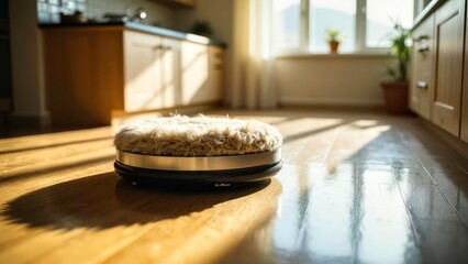 Static image of plush robot next to sofa