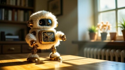 Robot shaped pocket watch beside bookshelf