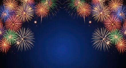 A blue background with fireworks in the foreground