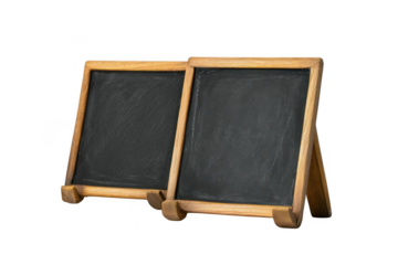 Two chalkboards with wooden frames standing side by side for menu board or signage presentation isolated on transparent background