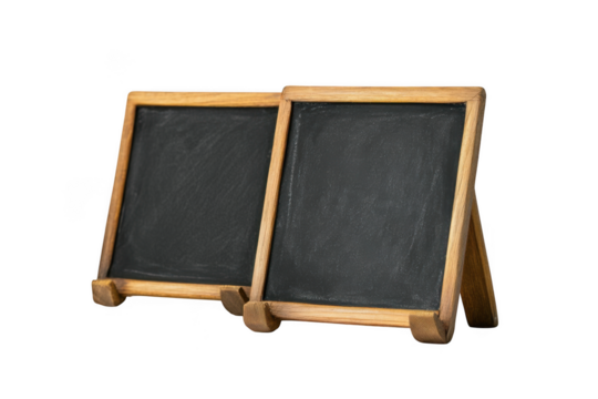 Two chalkboards with wooden frames standing side by side for menu board or signage presentation isolated on transparent background