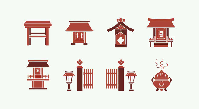 Japanese Shrine and Temple Elements Flat Icon Collection.