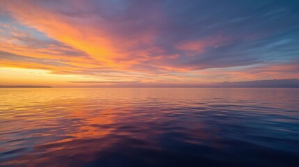 Obraz premium Vibrant sunset over calm ocean with colorful clouds and reflections