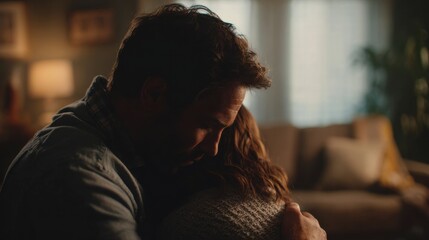 Emotional Man and Woman Hugging Warmly in Cozy Living Room Scene