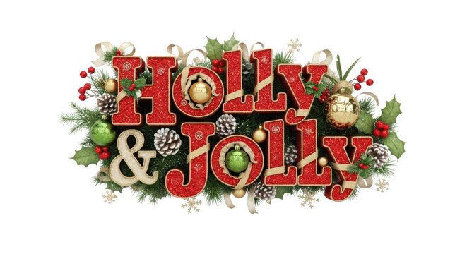 Festive holly & jolly christmas text decoration with ornaments isolated on transparent background