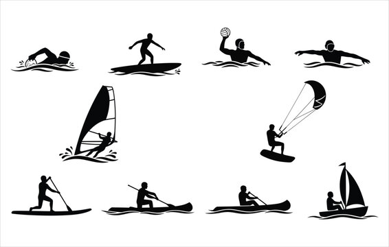 Water sports vector icons swimming surfing water polo windsurfing kitesurfing canoeing paddle boarding and sailing