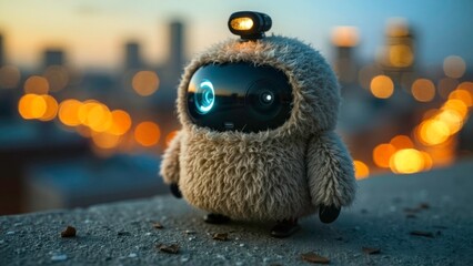 Plush robot design next to urban night scenery