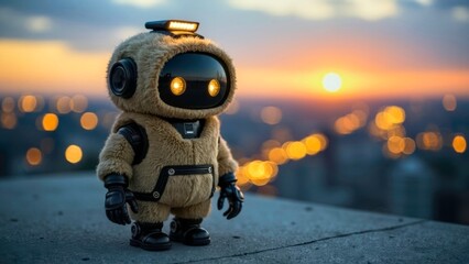 The standing scene of robots next to the city at dusk