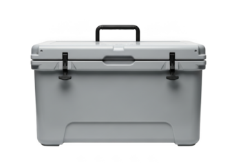 Premium gray cooler box, portable ice chest for camping, fishing, tailgating, outdoor activities, heavy duty cooler isolated on transparent background