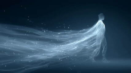 Ethereal ghostly figure flowing trail spirit particle motion blue abstract silhouette flowing light trail particle stream fabric smoke luminous - Powered by Adobe
