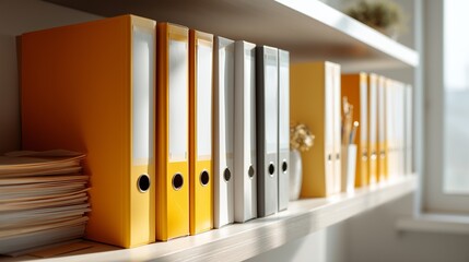 Organized office space with colorful binders on a shelf near a sunny window during the day