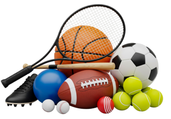 Pile of Sports Equipment: Including Basketball, Soccer Ball, Tennis Rackets, and Football, Isolated on White Background.