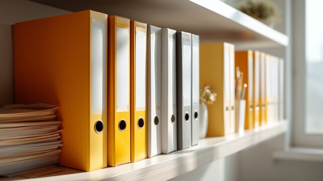 Organized office space with colorful binders on a shelf near a sunny window during the day