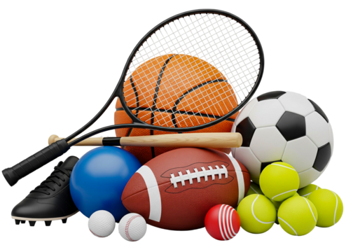 Pile of Sports Equipment: Including Basketball, Soccer Ball, Tennis Rackets, and Football, Isolated on White Background.