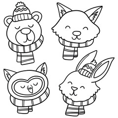 Naklejka premium Hand-drawn doodle winter set of animals with scarves and hats on a white background. Bear, fox, owl, hare.