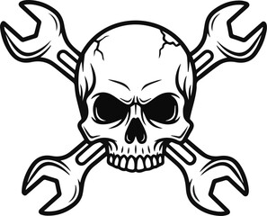 A menacing skull with two crossed wrenches behind it, a powerful emblem for a mechanic, garage, or biker club in a bold monochrome style