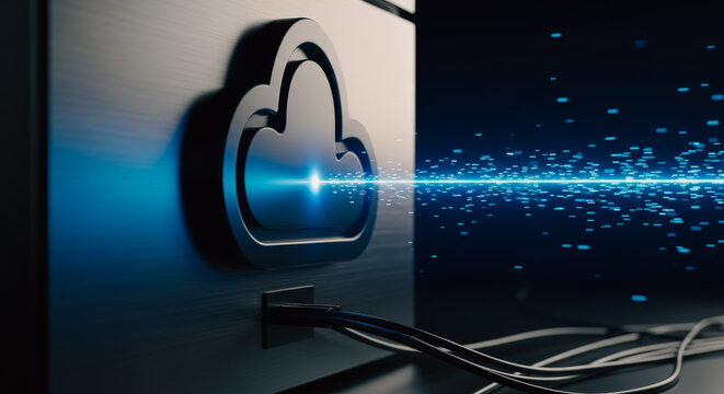 A high-tech server unit featuring a sleek cloud symbol, illuminated with a stream of data against a dark background, reflecting modern technological advancements.