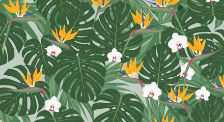 Lush tropical pattern with Monstera leaves, Bird of Paradise flowers, and white orchids creating a vibrant, seamless design.