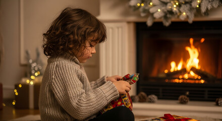 Warm Indoor Scene with Young Child Opening Gift by Fireplace