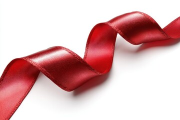 Elegant Crimson Ribbon - Curving Silk on White Background, Soft Shadows.