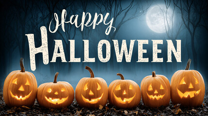Happy Halloween Text with Jack O Lantern Pumpkins - Festive Holiday Banner