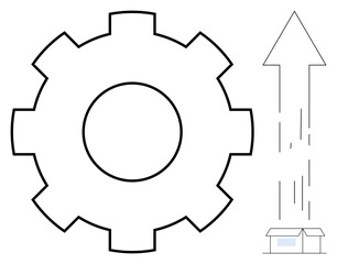 Bold gear symbol paired with rising arrow and house, illustrating development, efficiency, growth, innovation, productivity, technology improvement, and upward movement. A simple flat metaphor
