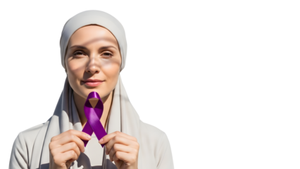 Muslim woman holding purple ribbon for cancer awareness on white background  