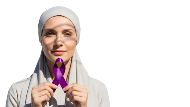 Muslim woman holding purple ribbon for cancer awareness on white background