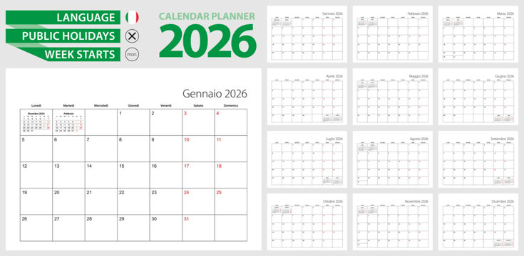 Italian calendar planner for 2026. Italian language, week starts from Monday.
